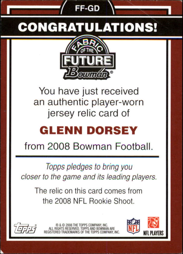 2008 Bowman Fabric of the Future #FFGD Glenn Dorsey B back image