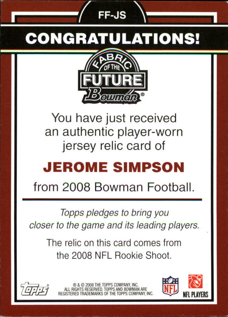 2008 Bowman Fabric of the Future #FFJS Jerome Simpson B back image