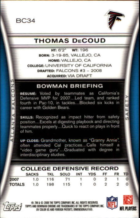 2008 Bowman Chrome #BC34 Thomas DeCoud RC back image