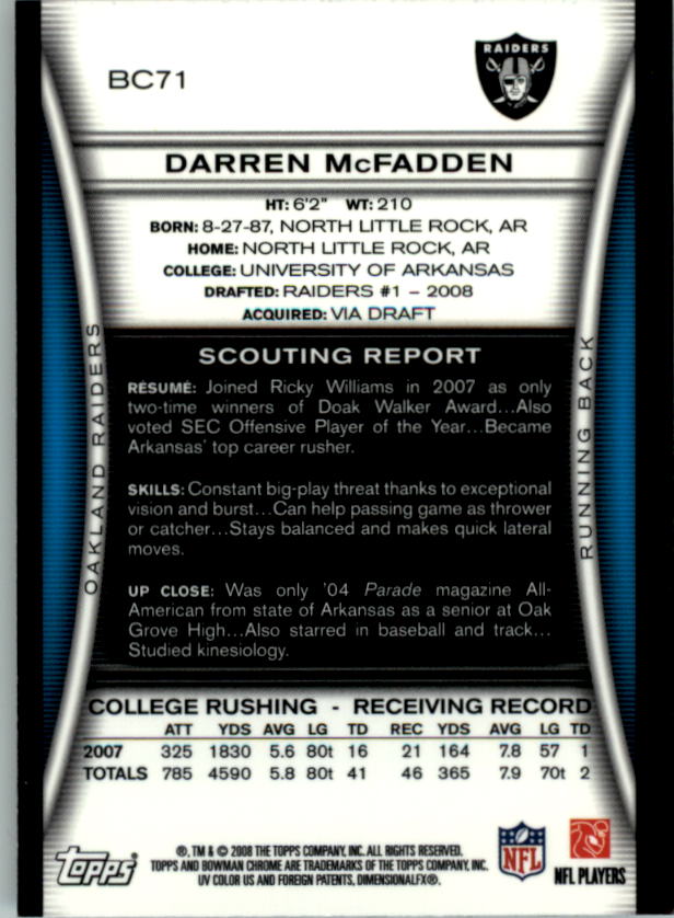 2008 Bowman Chrome #BC71 Darren McFadden RC back image