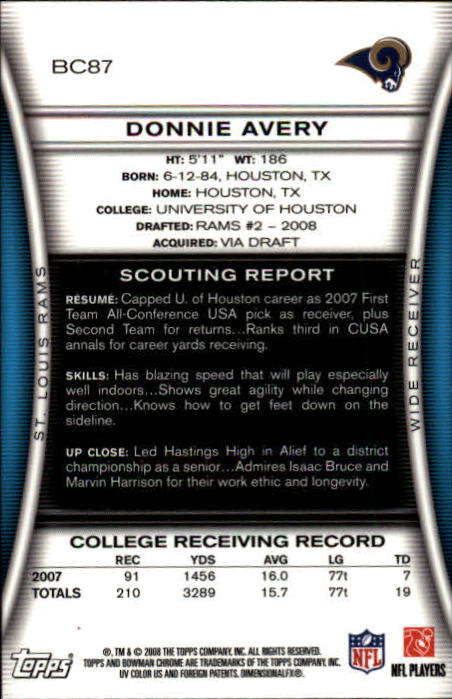 2008 Bowman Chrome #BC87 Donnie Avery RC back image