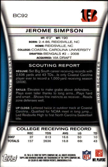 A1135- 2008 Bowman Chrome FB Cards 1-220 +Rookies -You Pick- 15+ FREE US SHIP - Picture 165 of 409