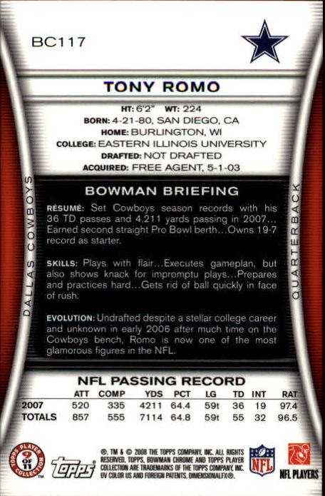 2008 Bowman Chrome #BC117 Tony Romo back image