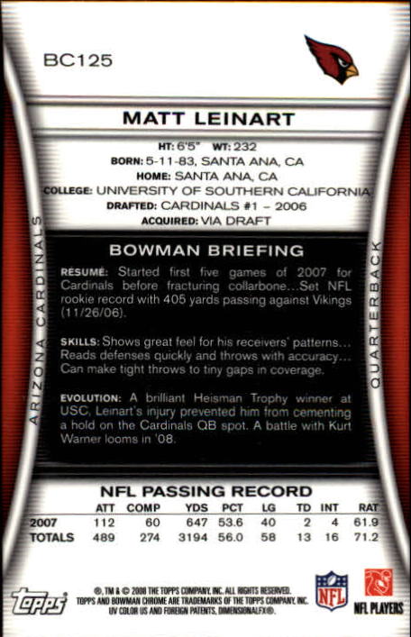 2008 Bowman Chrome #BC125 Matt Leinart back image