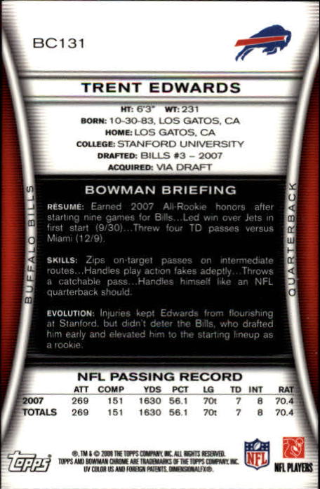2008 Bowman Chrome #BC131 Trent Edwards back image