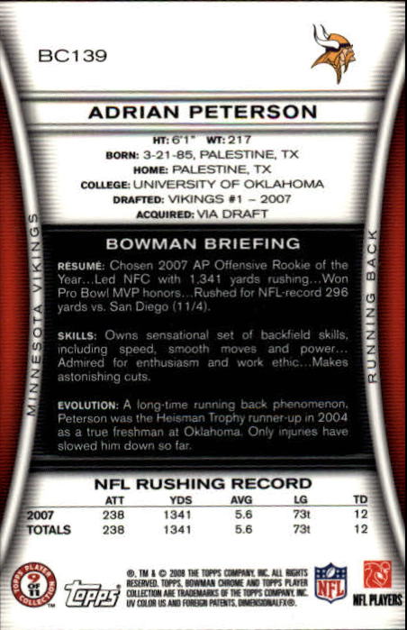 2008 Bowman Chrome #BC139 Adrian Peterson back image