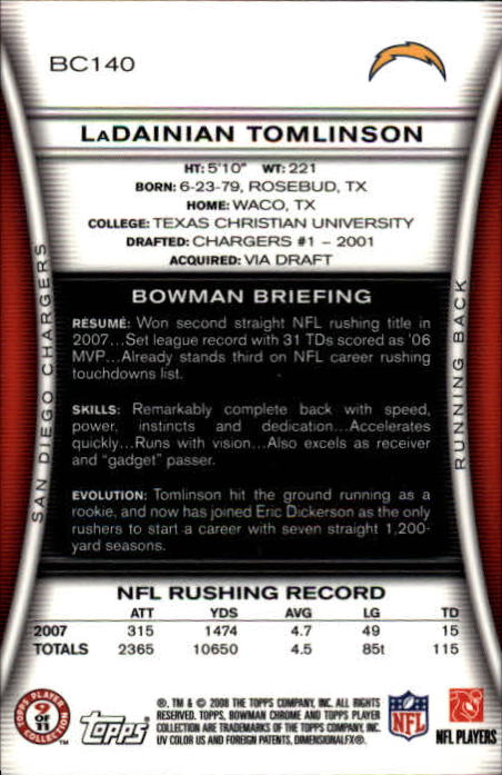 2008 Bowman Chrome #BC140 LaDainian Tomlinson back image