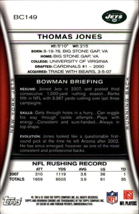2008 Bowman Chrome #BC149 Thomas Jones back image