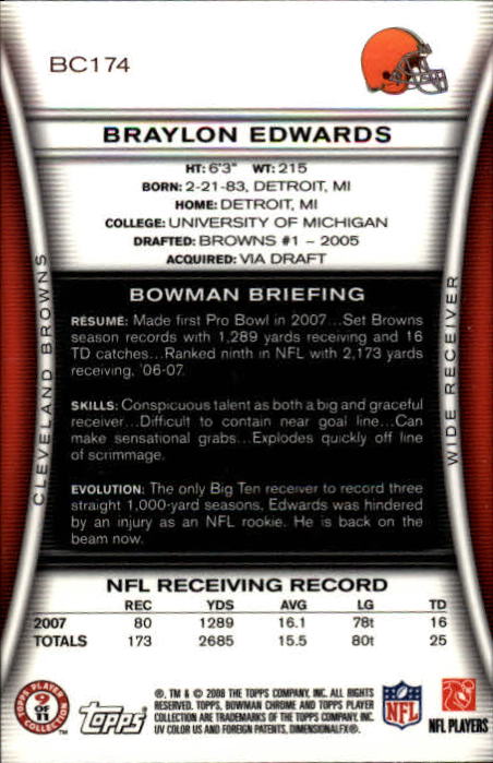 2008 Bowman Chrome #BC174 Braylon Edwards back image