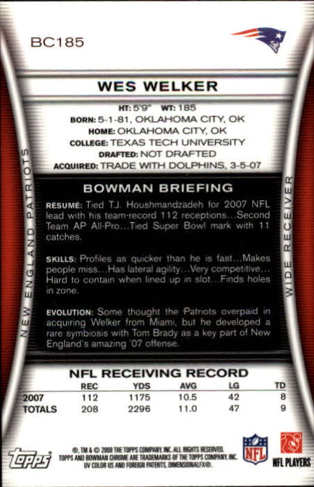 2008 Bowman Chrome #BC185 Wes Welker back image