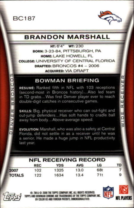 2008 Bowman Chrome #BC187 Brandon Marshall back image