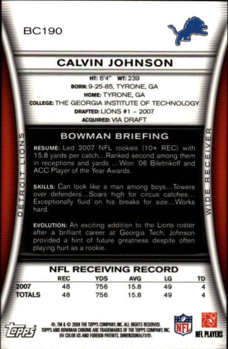 2008 Bowman Chrome #BC190 Calvin Johnson back image
