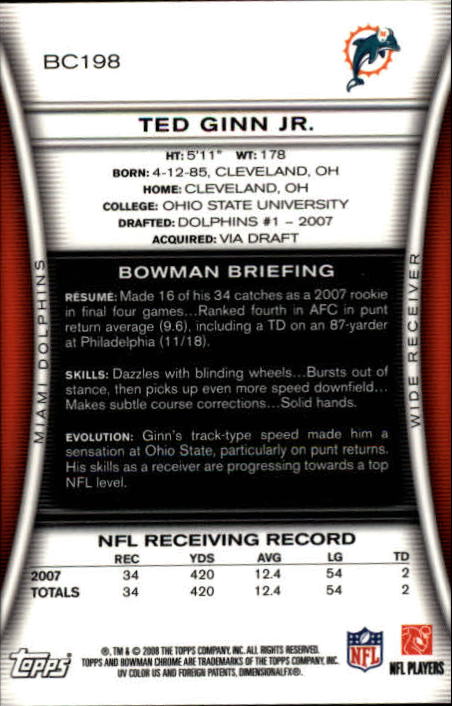 2008 Bowman Chrome #BC198 Ted Ginn Jr. back image