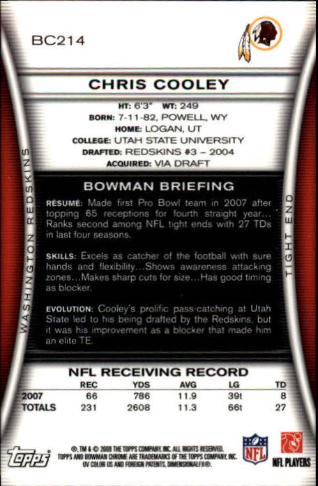 2008 Bowman Chrome #BC214 Chris Cooley back image