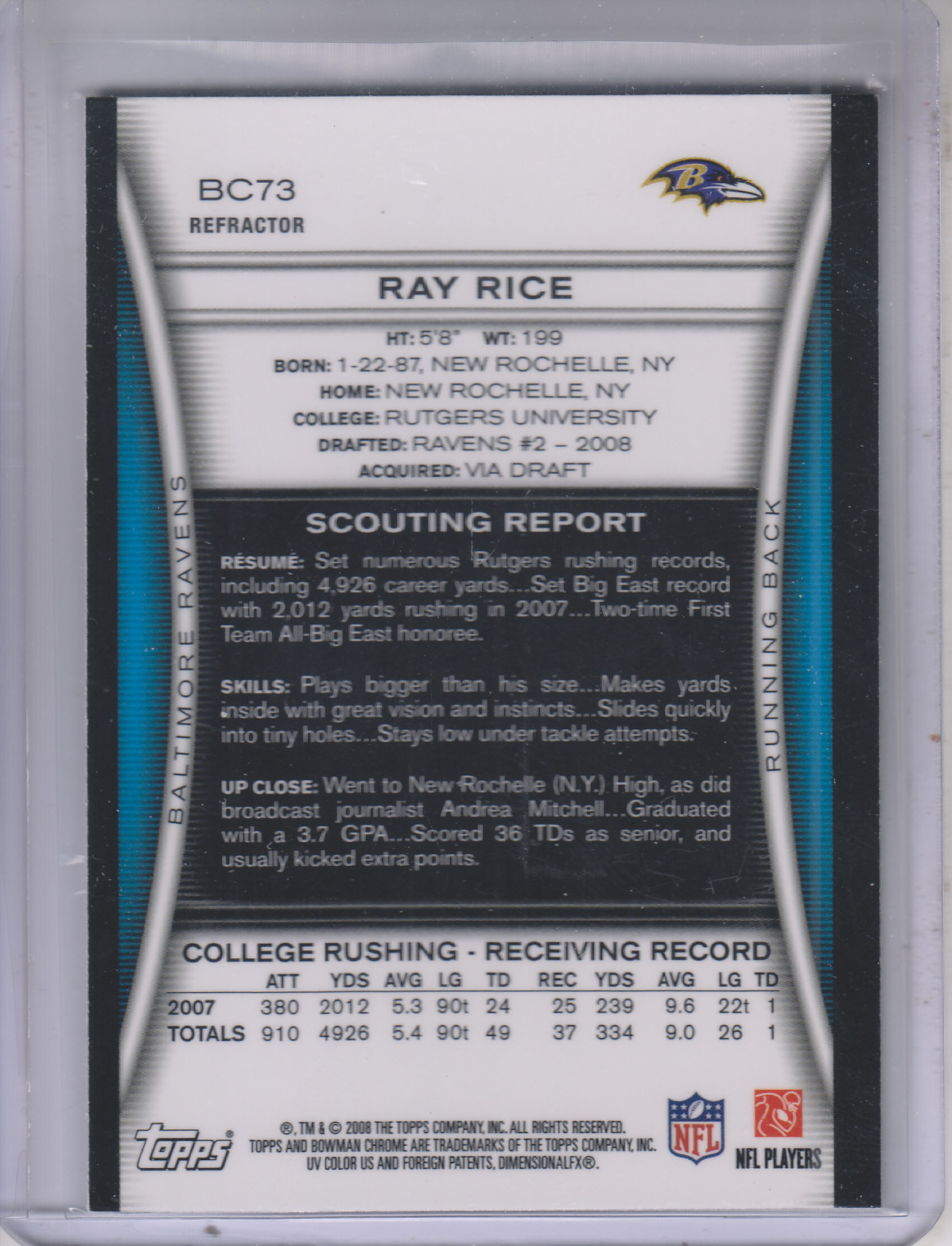 2008 Bowman Chrome Refractors #BC73 Ray Rice back image