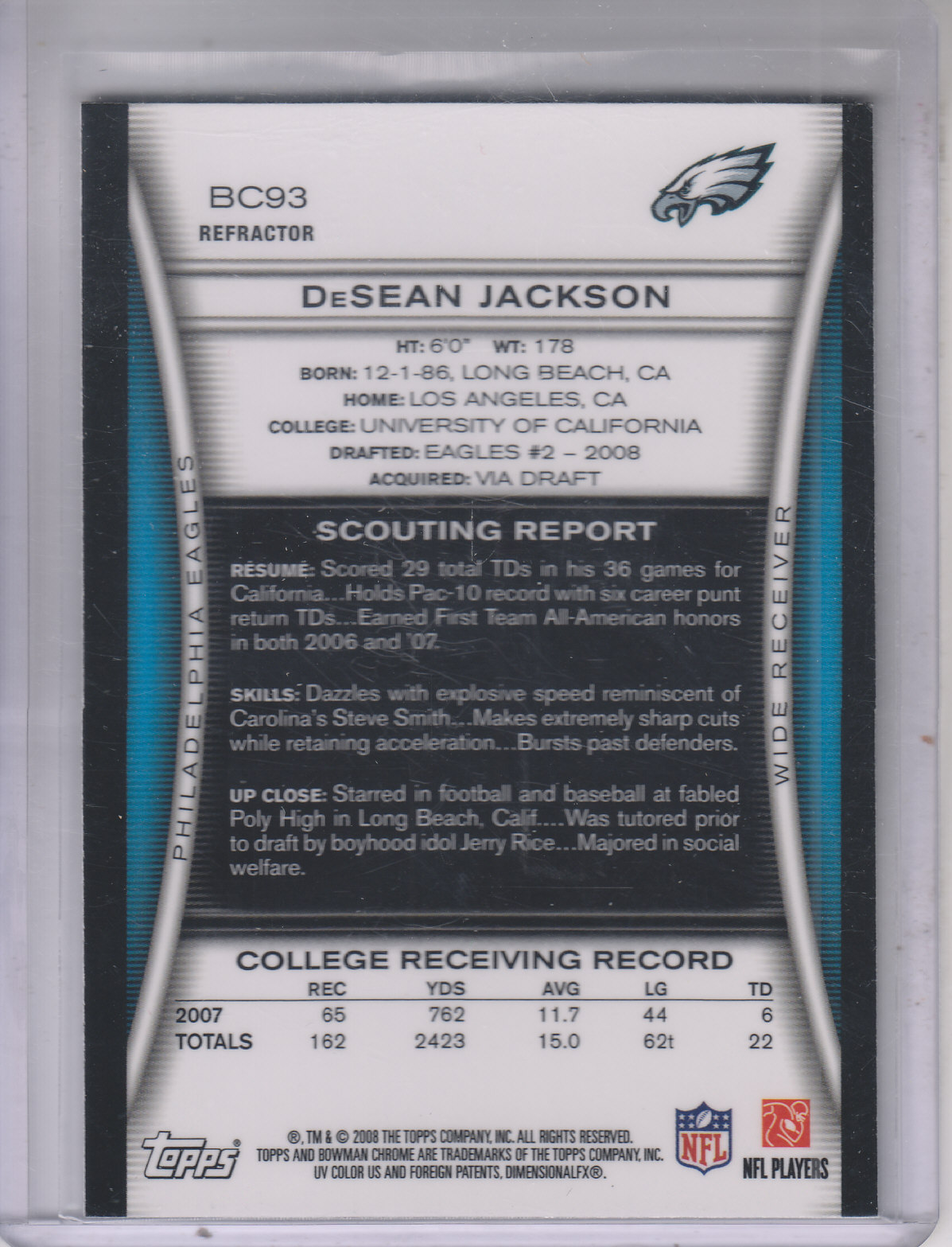 2008 Bowman Chrome Refractors #BC93 DeSean Jackson back image