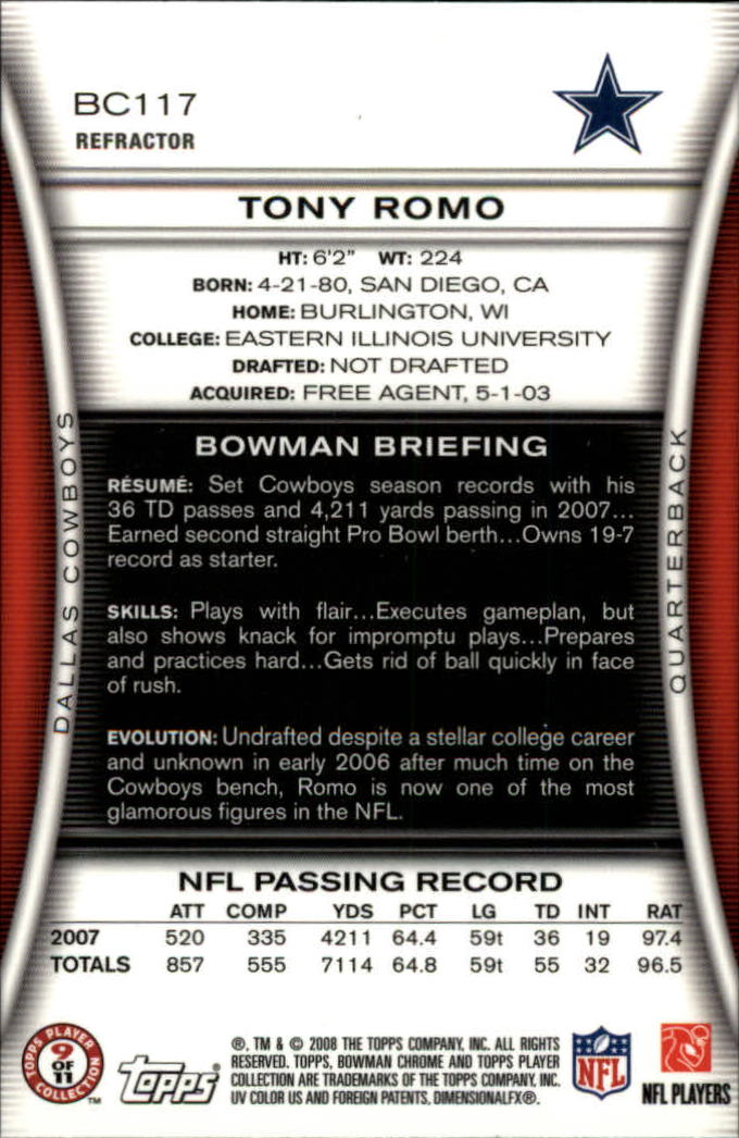 2008 Bowman Chrome Refractors #BC117 Tony Romo back image