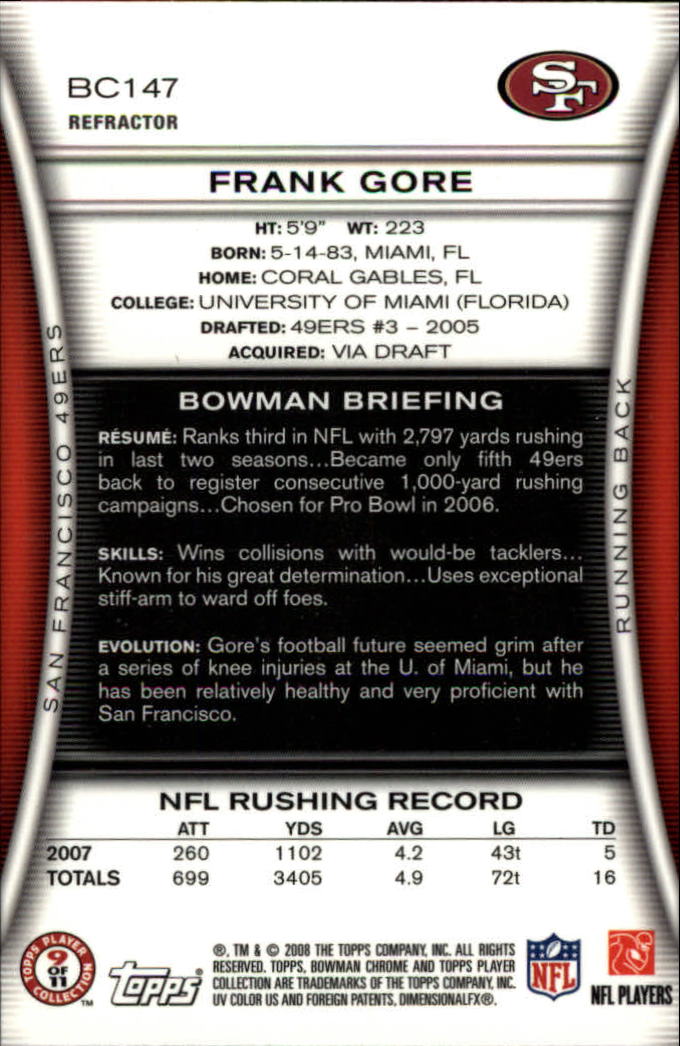 2008 Bowman Chrome Refractors #BC147 Frank Gore back image