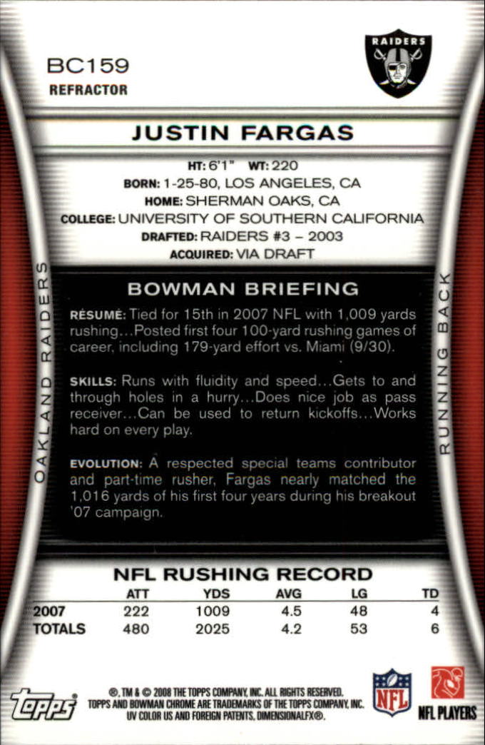 2008 Bowman Chrome Refractors #BC159 Justin Fargas back image