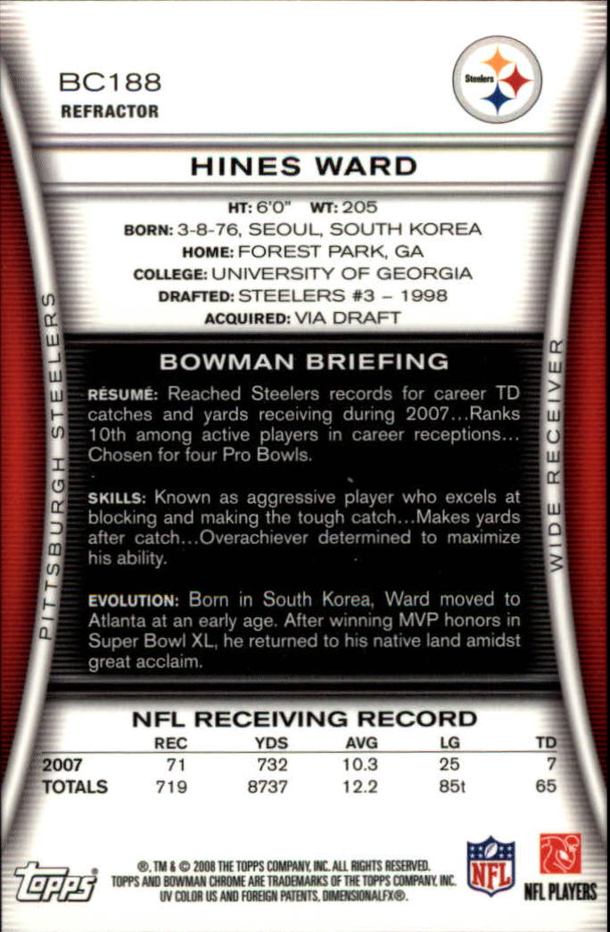 2008 Bowman Chrome Refractors #BC188 Hines Ward back image