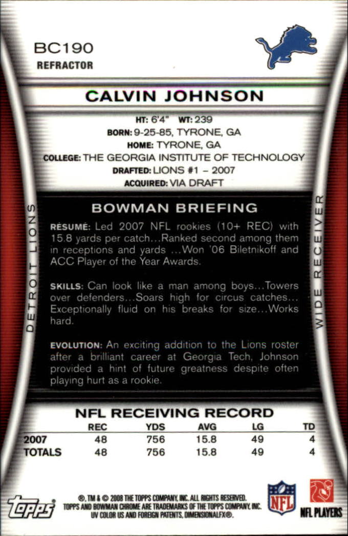 2008 Bowman Chrome Refractors #BC190 Calvin Johnson back image