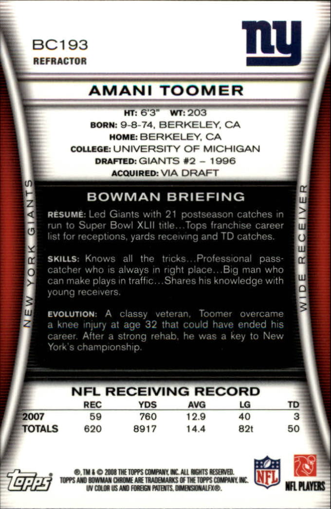 2008 Bowman Chrome Refractors #BC193 Amani Toomer back image