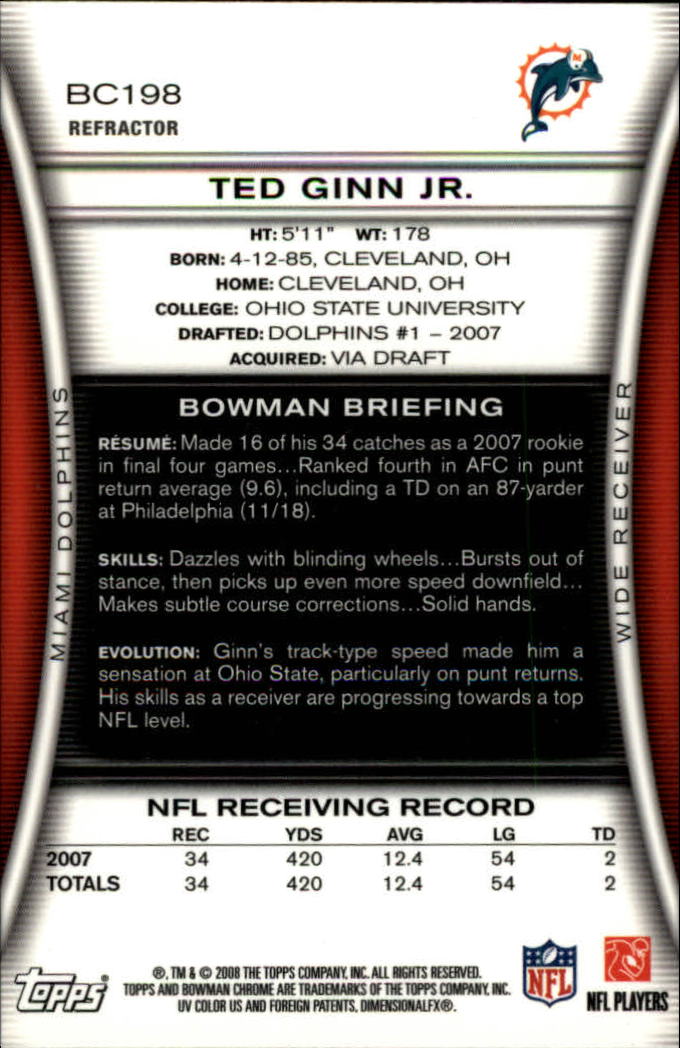 2008 Bowman Chrome Refractors #BC198 Ted Ginn Jr. back image