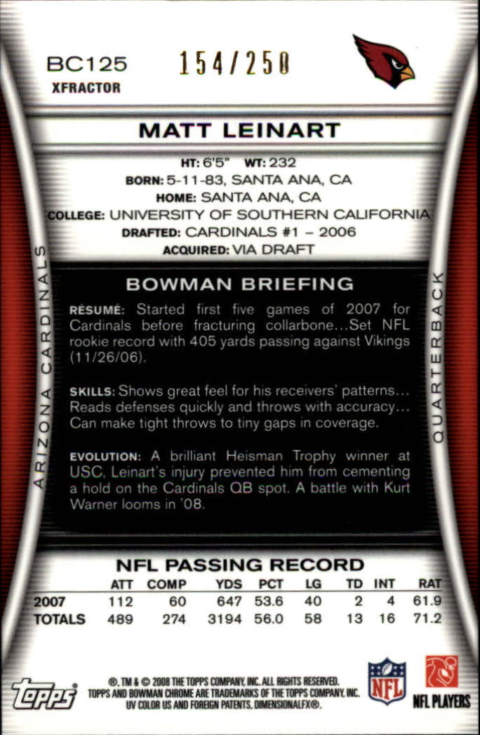 2008 Bowman Chrome Xfractors #BC125 Matt Leinart back image