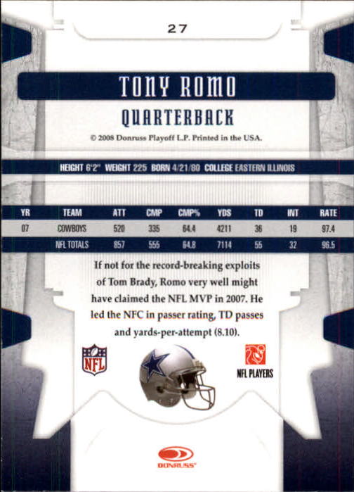 2008 Leaf Limited #27 Tony Romo back image