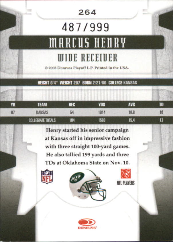 2008 Leaf Limited #264 Marcus Henry RC back image