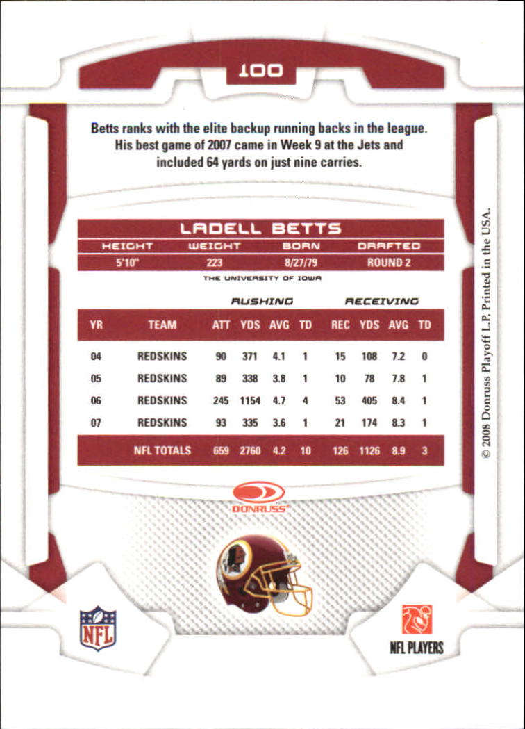 2008 Leaf Rookies and Stars #100 Ladell Betts back image