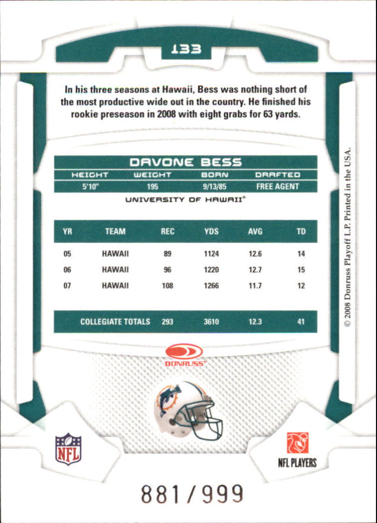 2008 Leaf Rookies and Stars #133 Davone Bess RC back image