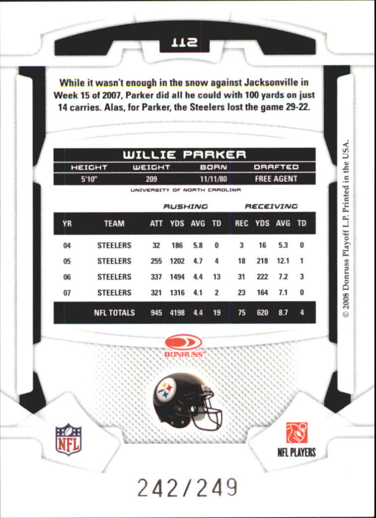 2008 Leaf Rookies and Stars Longevity Parallel Silver #112 Willie Parker ELE back image