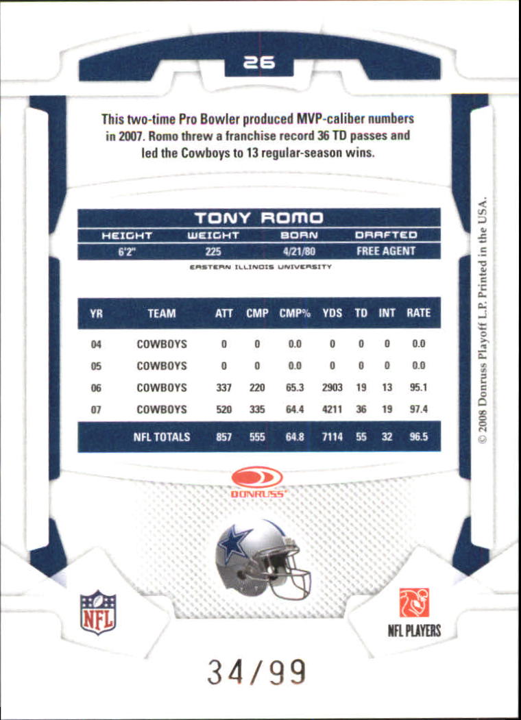2008 Leaf Rookies and Stars Longevity Parallel Silver Holofoil #26 Tony Romo back image