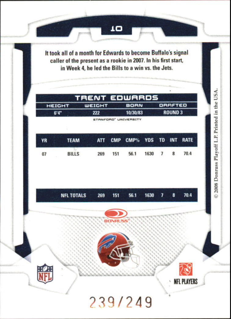 2008 Leaf Rookies and Stars Longevity Materials Ruby #10 Trent Edwards/350 back image