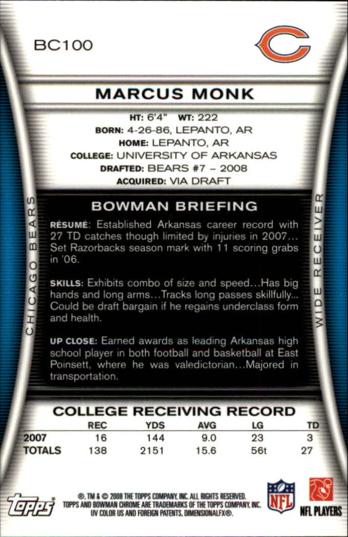 2008 Bowman Chrome Rookie Autographs #BC100 Marcus Monk G back image