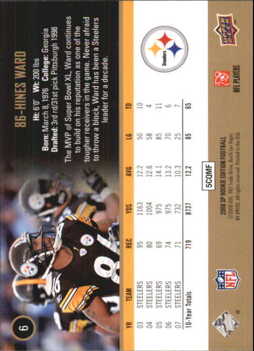 2008 SP Rookie Edition #6 Hines Ward back image
