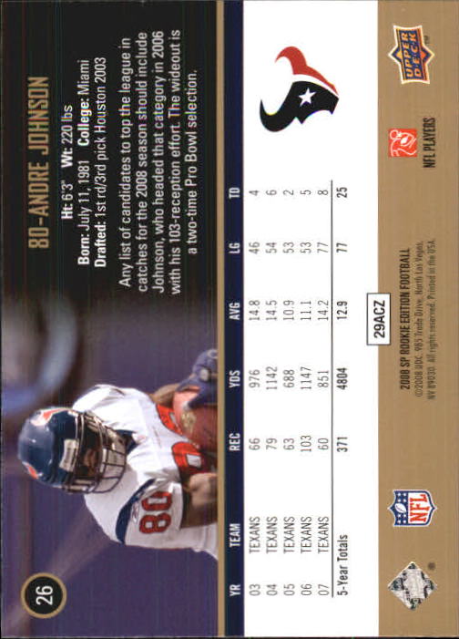 2008 SP Rookie Edition #26 Andre Johnson back image