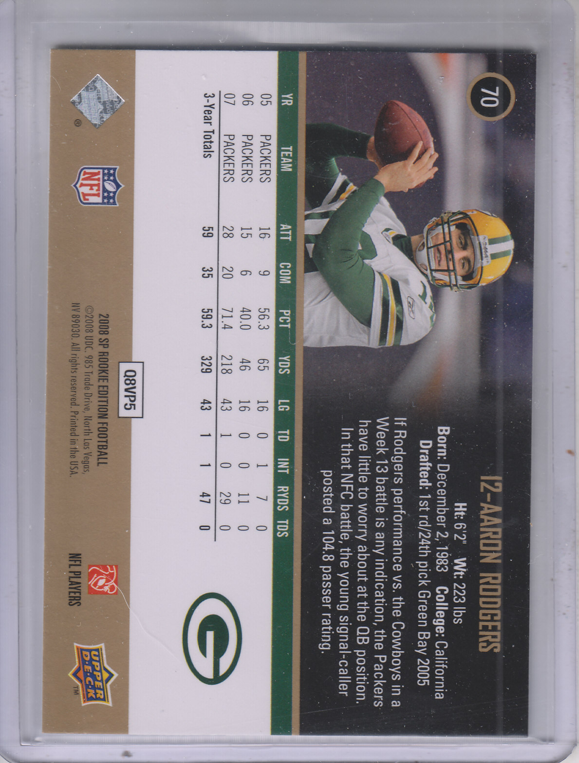 2008 SP Rookie Edition #70 Aaron Rodgers back image