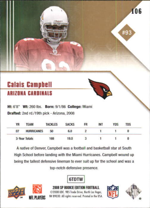 2008 SP Rookie Edition #106 Calais Campbell RC back image