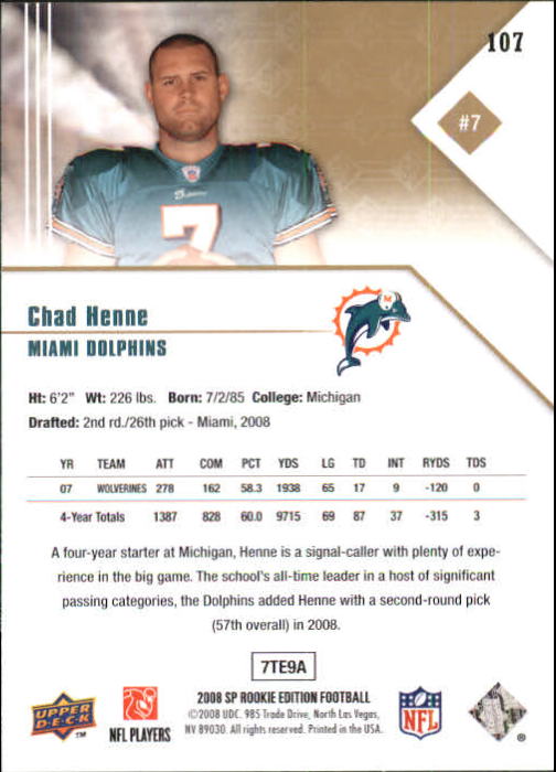 2008 SP Rookie Edition #107 Chad Henne RC back image