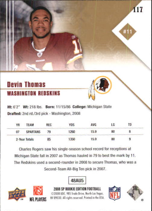 2008 SP Rookie Edition #117 Devin Thomas RC back image