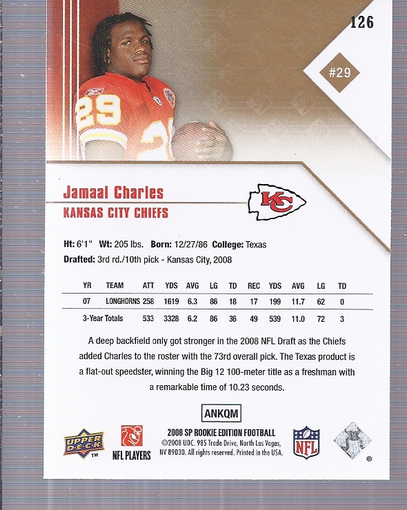 2008 SP Rookie Edition #126 Jamaal Charles RC back image