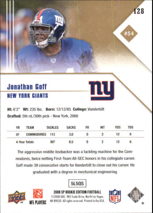 2008 SP Rookie Edition #128 Jonathan Goff RC back image