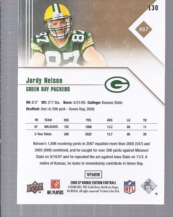 2008 SP Rookie Edition #130 Jordy Nelson RC back image