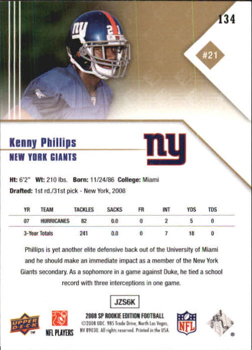 2008 SP Rookie Edition #134 Kenny Phillips RC back image