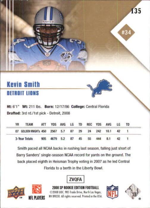 2008 SP Rookie Edition #135 Kevin Smith RC back image