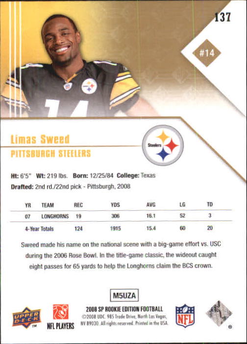2008 SP Rookie Edition #137 Limas Sweed RC back image