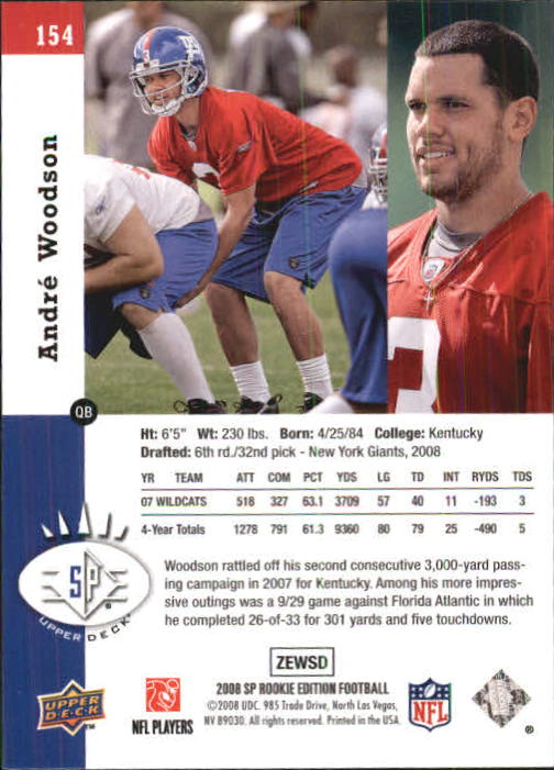 2008 SP Rookie Edition #154 Andre Woodson 93 back image