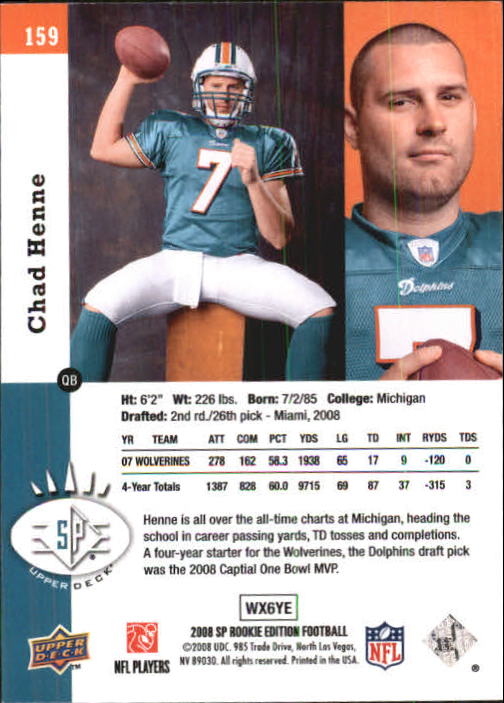 2008 SP Rookie Edition #159 Chad Henne 93 back image